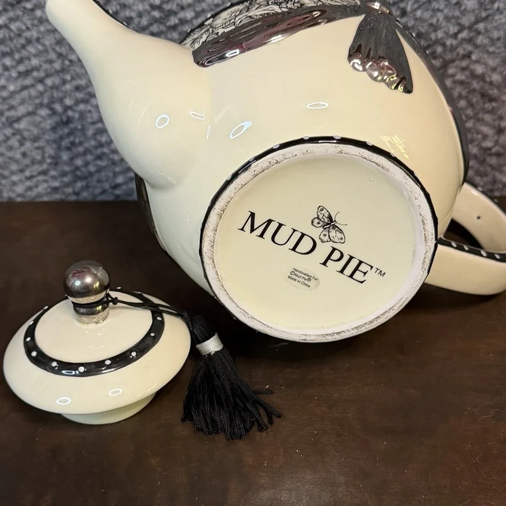 Vintage Mud Pie Paris Collection Cream & Black Toile & Floral Teapot